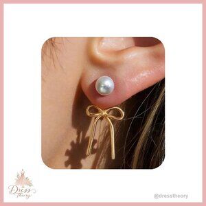 Gold Bow Pearl Drop Earrings, Dainty Tassel Chain, Hypoallergenic